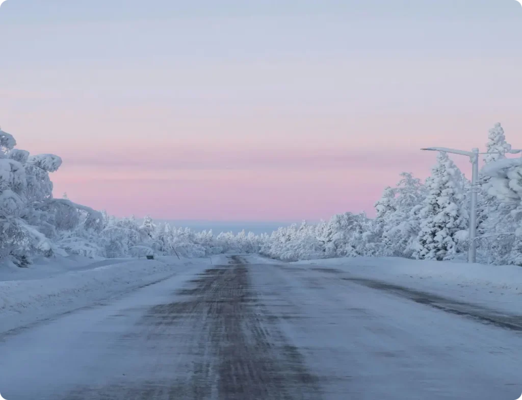 A snow covered road surrounded by trees and a pink sky