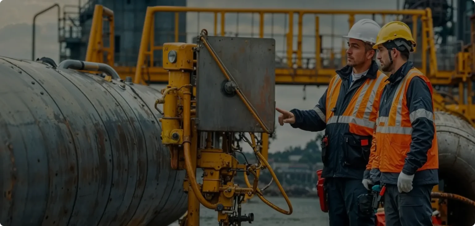 Two industrial workers in safety vests and helmets inspecting machinery on an industrial site