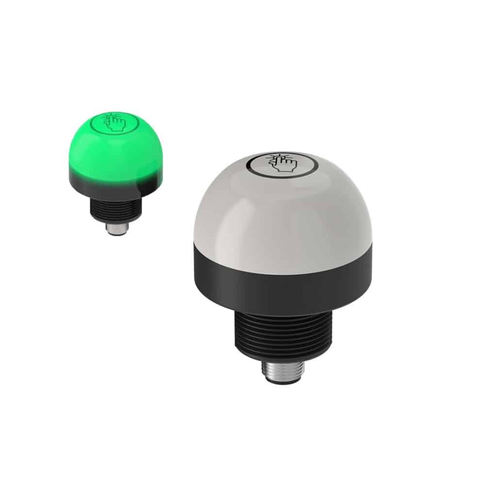 Two Binar industrial push buttons, one grey and one green