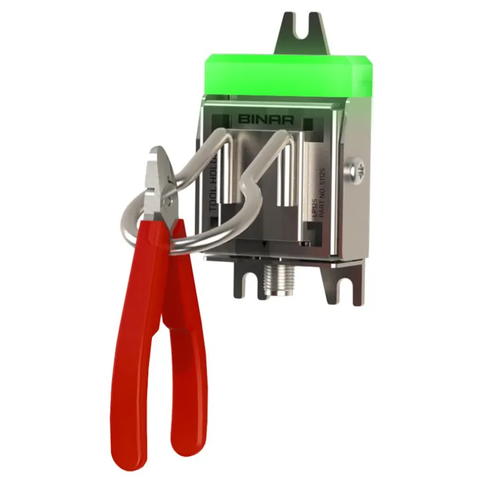 Binar tool holder with a green light, holding a pair of red-handled pliers