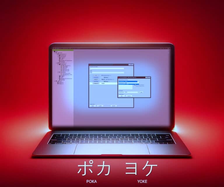 Poka Yoke interface on laptop screen with red background