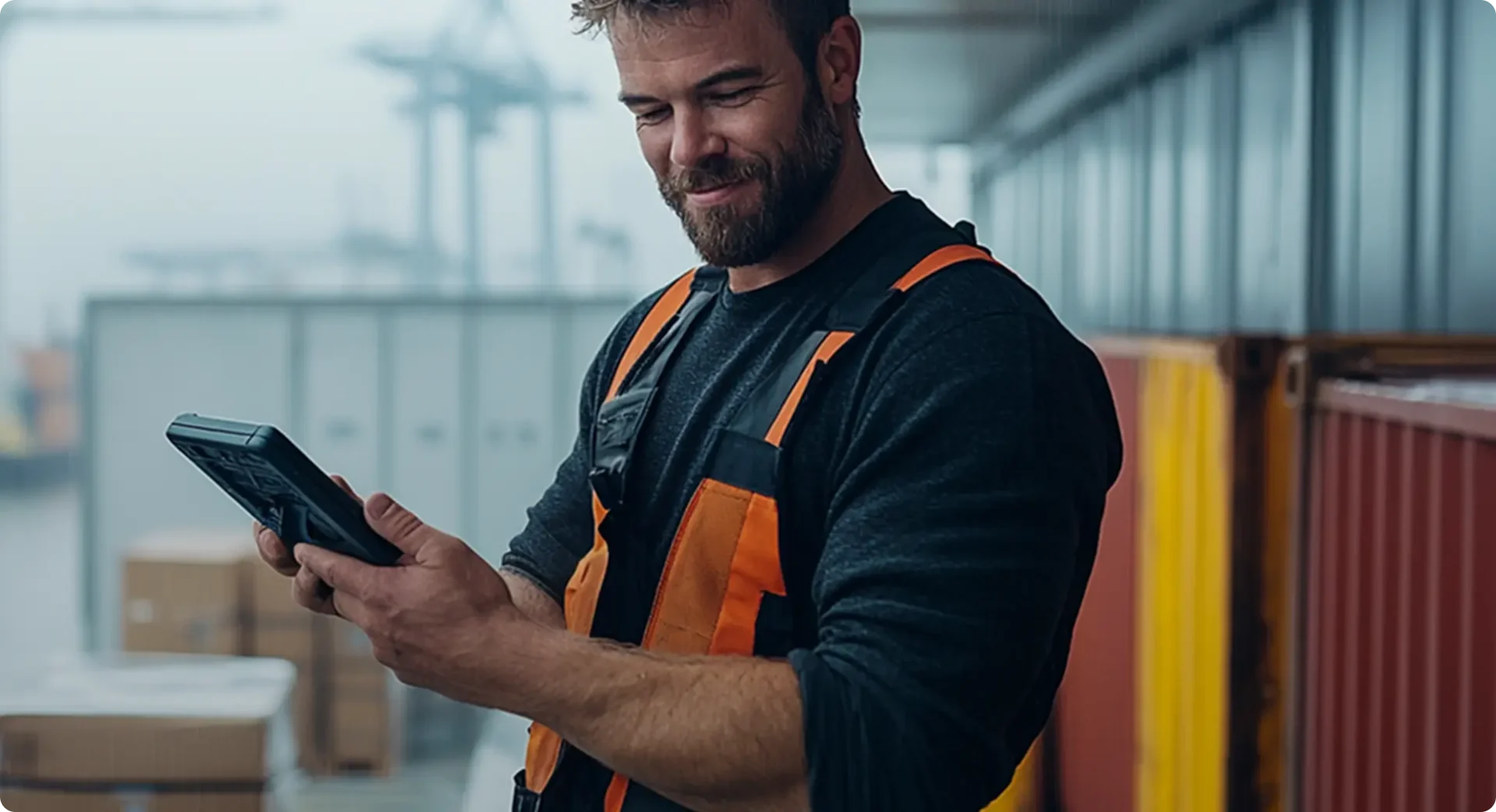 Man in industrial environment holding an electronic device