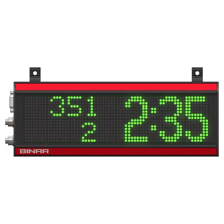 Binar LED display showing numbers and time