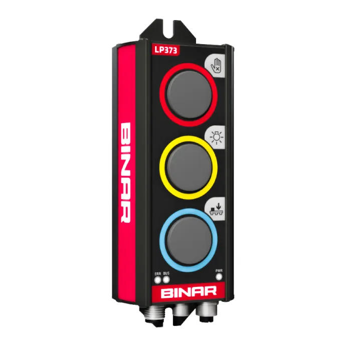 Binar LP373 with three buttons – one red, one yellow, and one blue